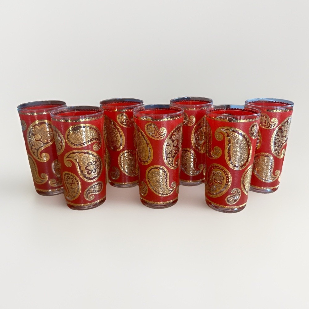 Vintage Set of 7 Culver Red 22k Gold Paisley Highball Glasses Bar Drinks